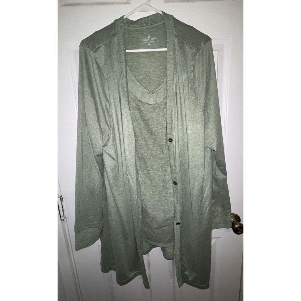 Cuddl duds Hthr Green 3pc Lounge Set Soft Knit PJ Cardigan Tank Top Pants 1XT